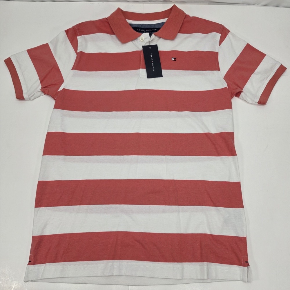 Tommy Hilfiger Boys L 16-18 Polo Shirt NWT Coral White Striped Short Sleeve